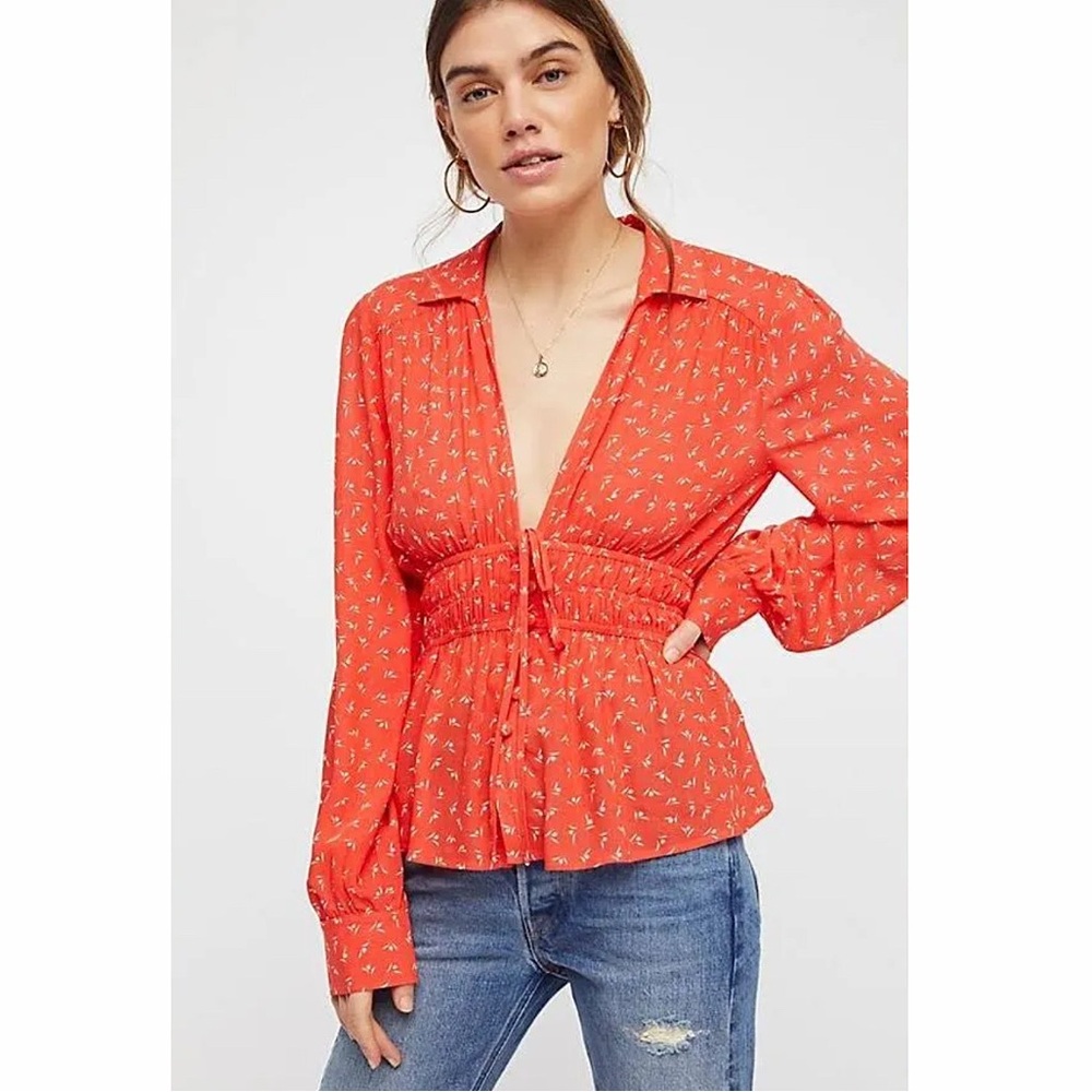 Free People Colette Red Floral Print Top